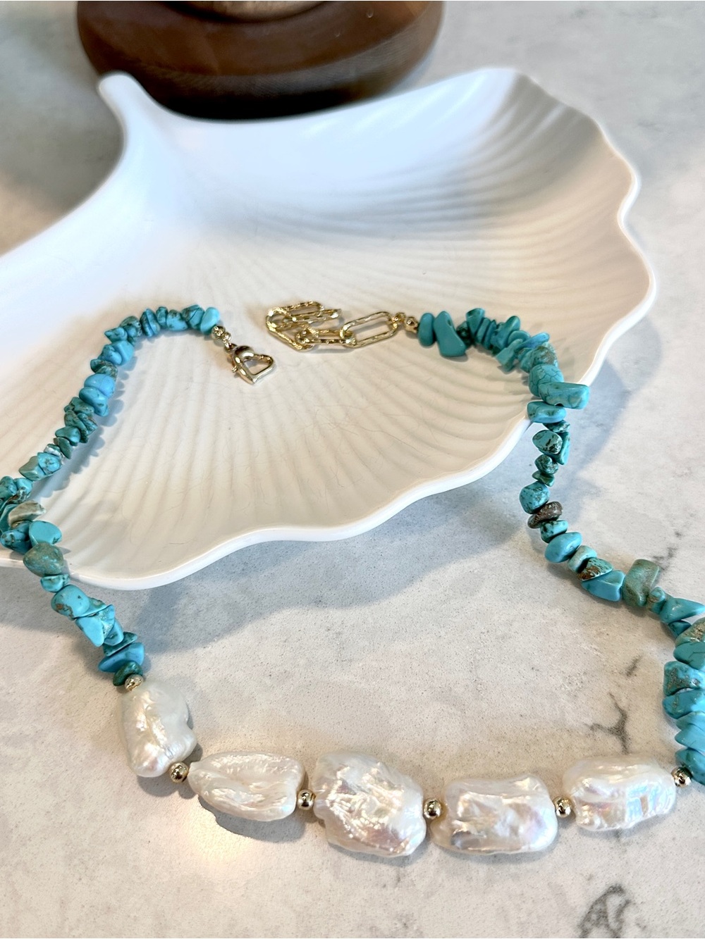 Real Turquoise Chip Real Baroque Pearl Necklace Gold Tone Handmade